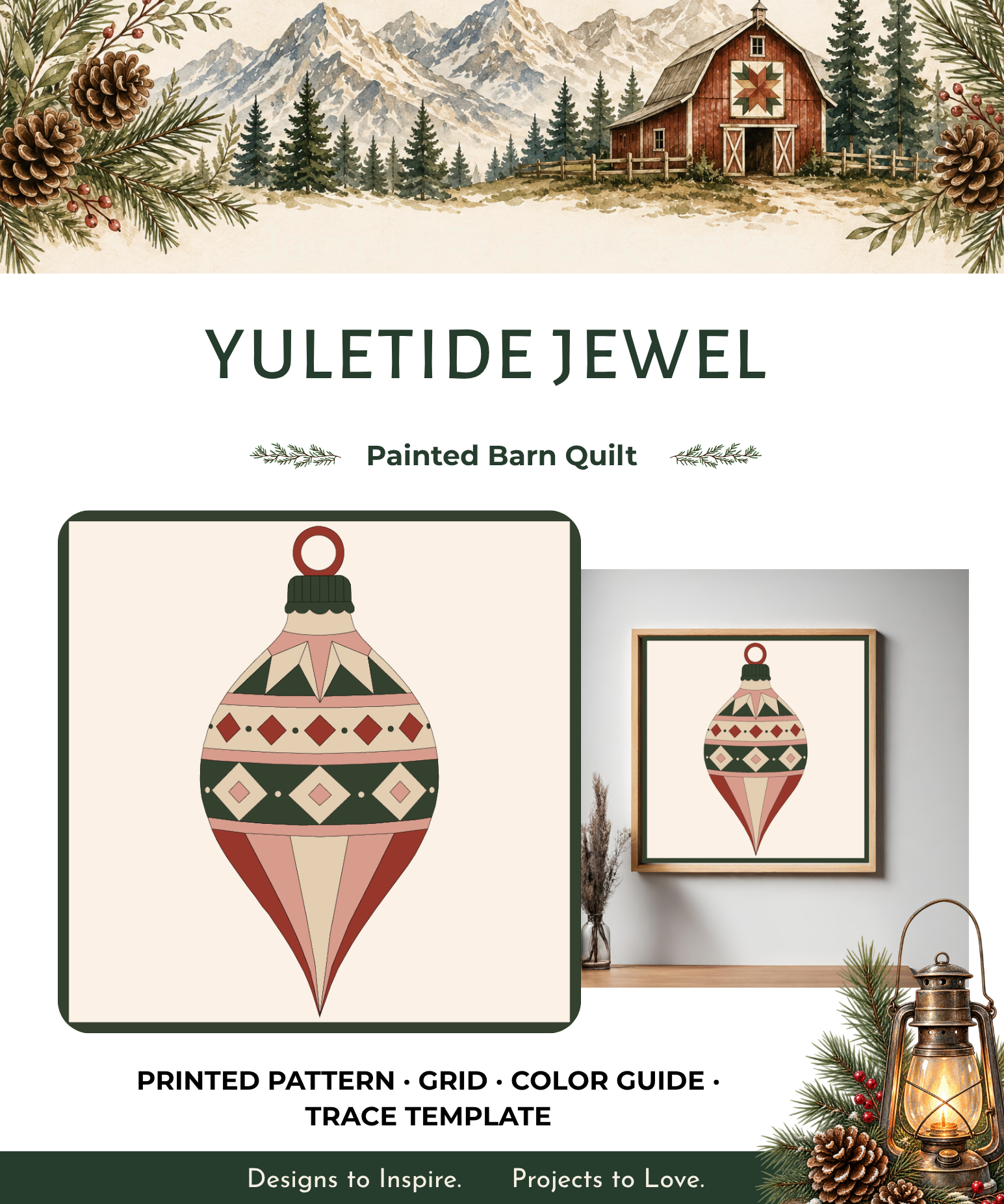 Yuletide Jewel printed Christmas barn quilt pattern featuring a geometric vintage ornament design in evergreen, cream, dusty blush and rich red for DIY painted barn quilts, Christmas wood signs, farmhouse holiday decor and handmade seasonal projects.
