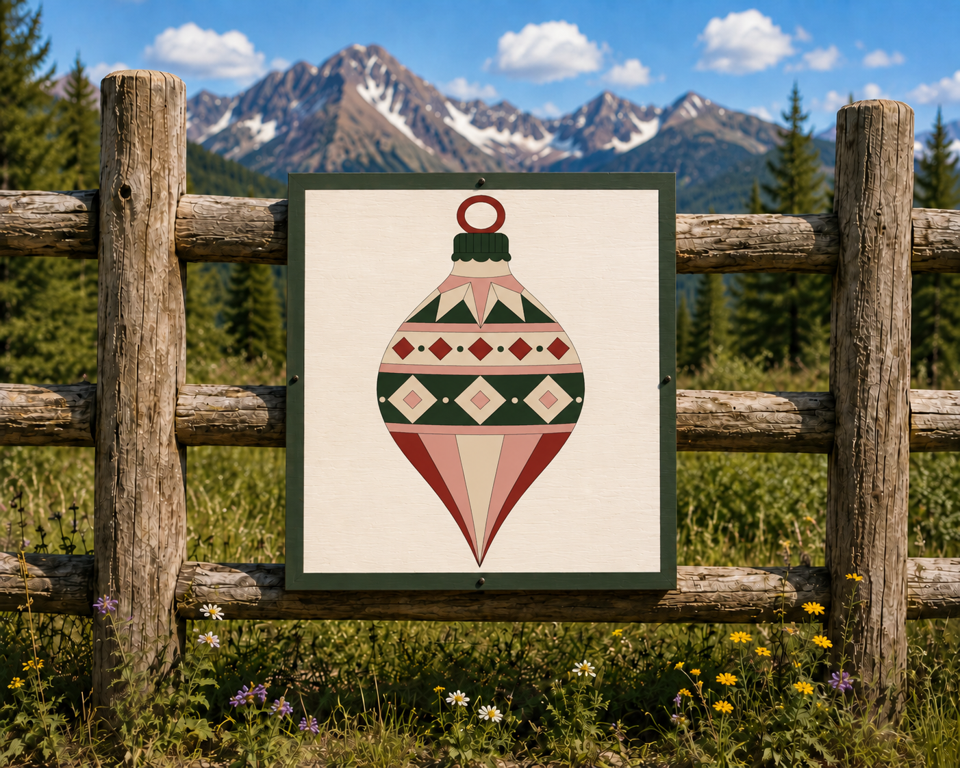 Yuletide Jewel printed Christmas barn quilt pattern featuring a geometric vintage ornament design in evergreen, cream, dusty blush and rich red for DIY painted barn quilts, Christmas wood signs, farmhouse holiday decor and handmade seasonal projects.
