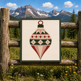 Yuletide Jewel printed Christmas barn quilt pattern featuring a geometric vintage ornament design in evergreen, cream, dusty blush and rich red for DIY painted barn quilts, Christmas wood signs, farmhouse holiday decor and handmade seasonal projects.
