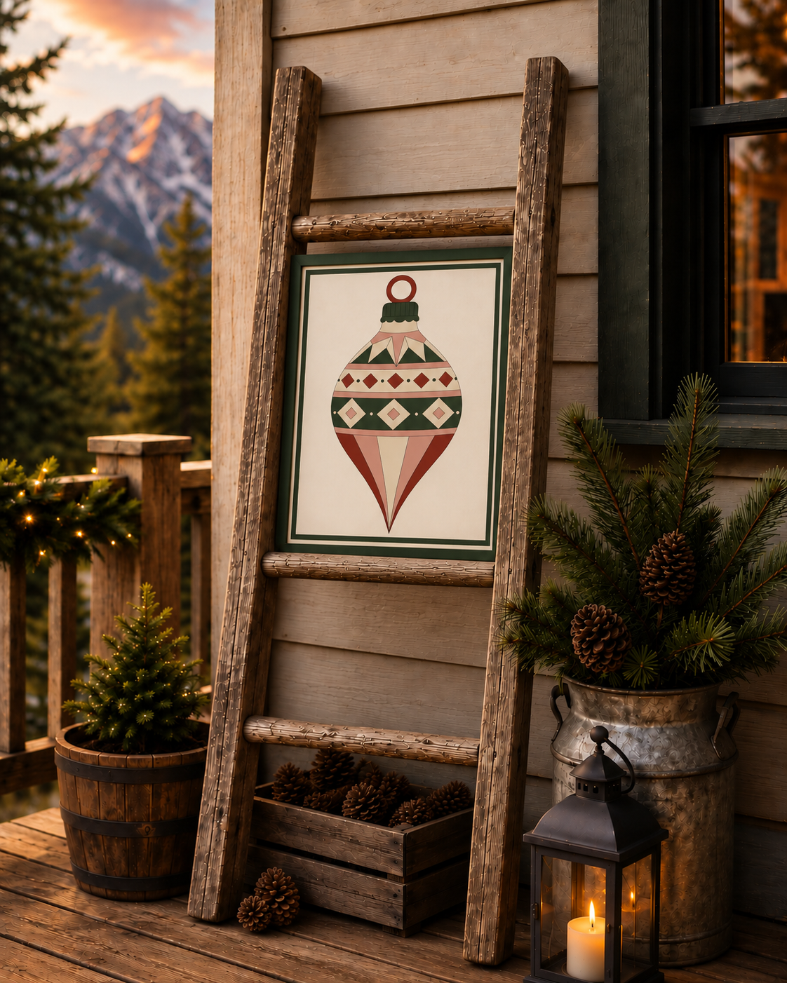Yuletide Jewel printed Christmas barn quilt pattern featuring a geometric vintage ornament design in evergreen, cream, dusty blush and rich red for DIY painted barn quilts, Christmas wood signs, farmhouse holiday decor and handmade seasonal projects.
