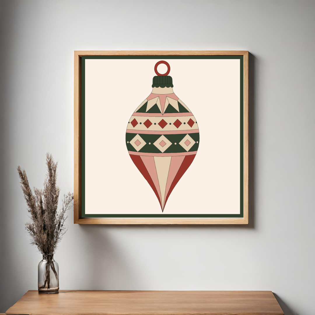 Yuletide Jewel printed Christmas barn quilt pattern featuring a geometric vintage ornament design in evergreen, cream, dusty blush and rich red for DIY painted barn quilts, Christmas wood signs, farmhouse holiday decor and handmade seasonal projects.
