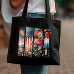Patriotic Tote Bag, American Flag and Fireworks Design, Floral and Popsicle Print, Stylish Summer Bag