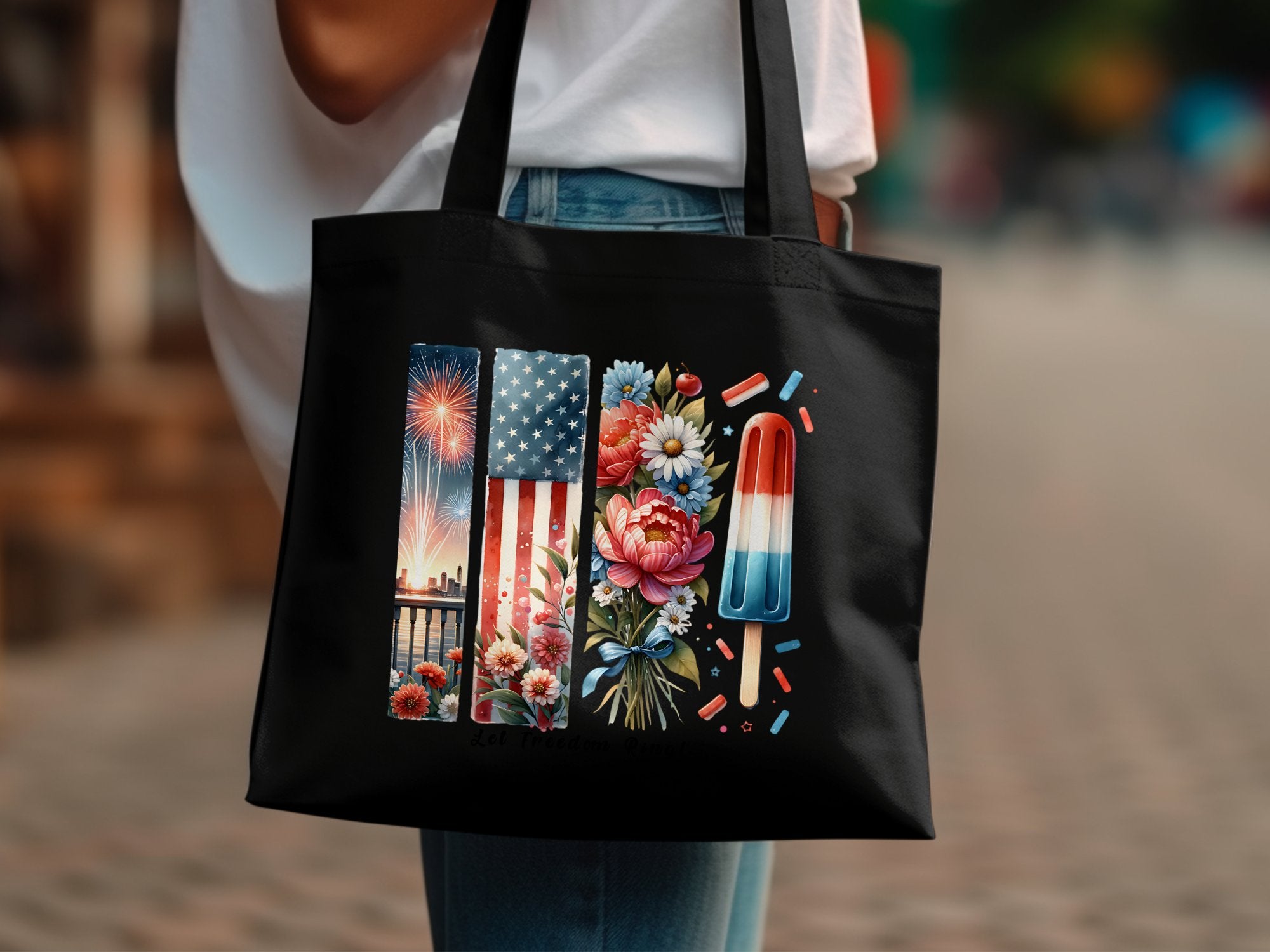 Patriotic Tote Bag, American Flag and Fireworks Design, Floral and Popsicle Print, Stylish Summer Bag