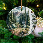 Vintage Camping Scene Christmas Ornament, Rustic Mountain Hiking Holiday Decor, Unique Tree Decoration