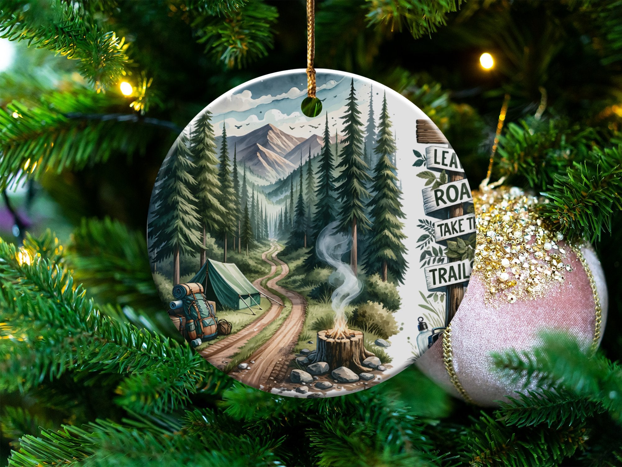Vintage Camping Scene Christmas Ornament, Rustic Mountain Hiking Holiday Decor, Unique Tree Decoration