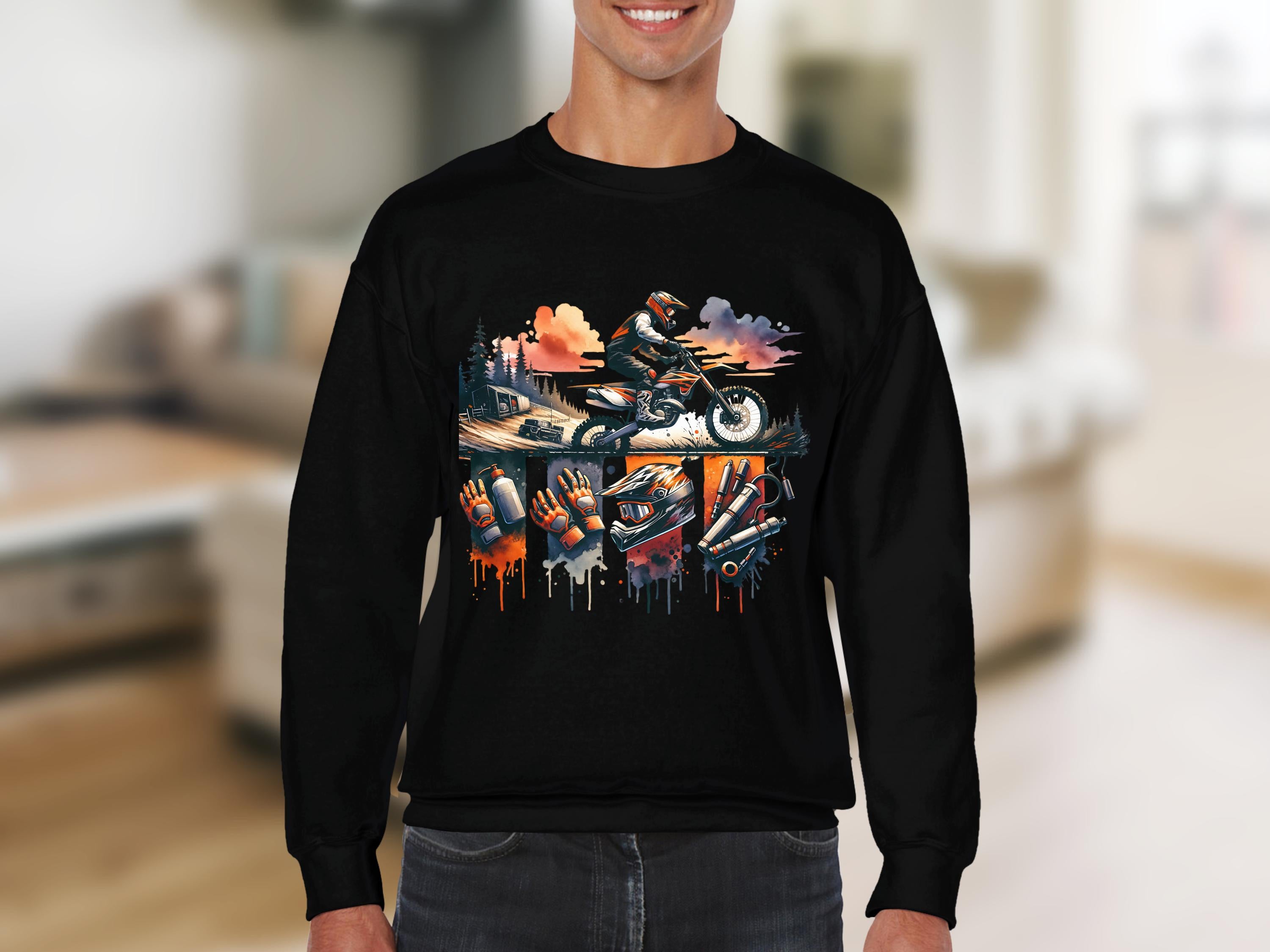 Men's Graphic Sweatshirt, Motorcycle Print, Urban Style Clothing, Casual Black Pullover, Unique Art Design Sweatshirt