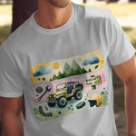 Men's Graphic T-Shirt, Outdoor Adventure Jeep and Helmet Design, Casual Summer Tee, Unique Illustration, Nature Inspired