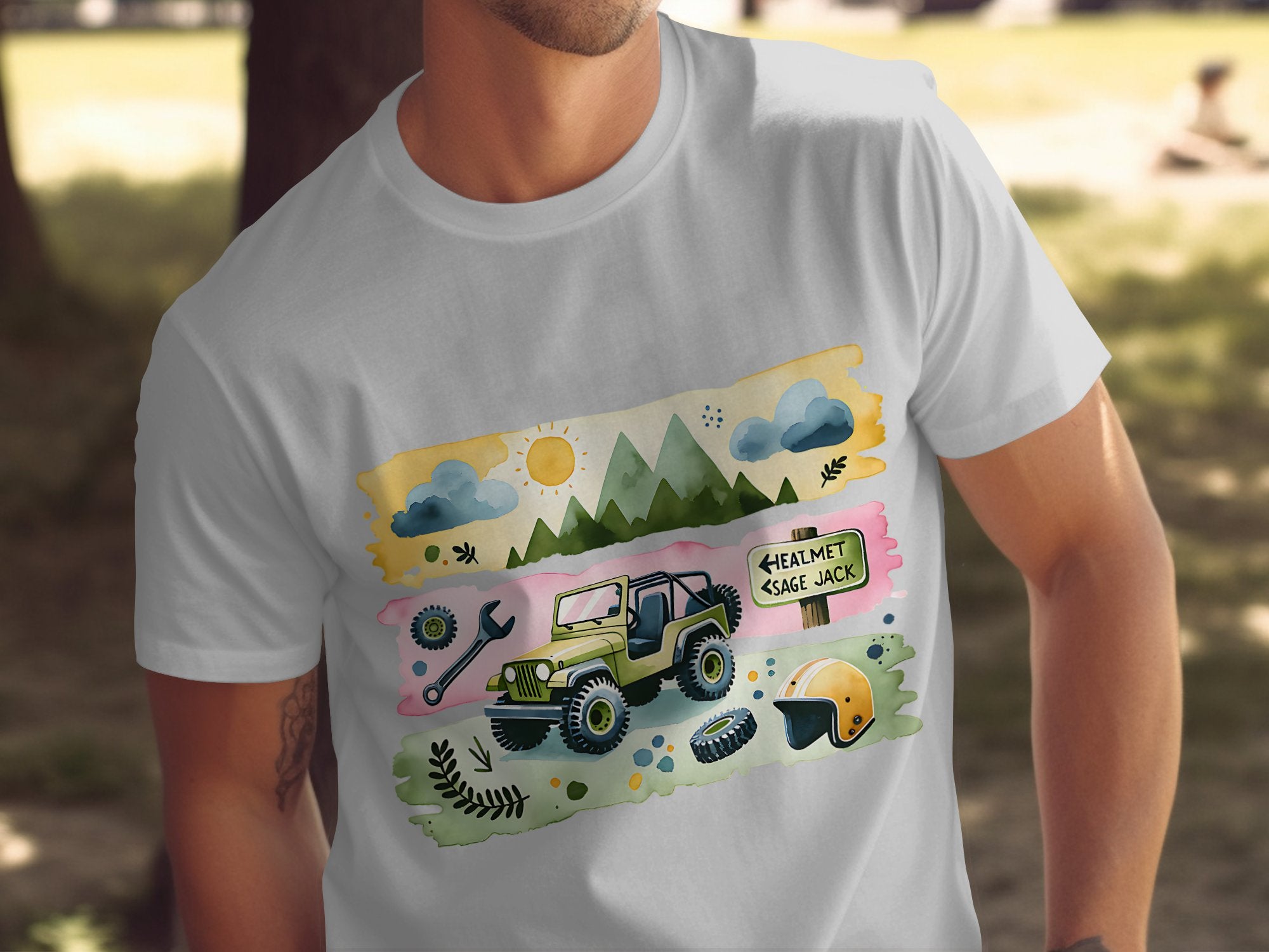 Men's Graphic T-Shirt, Outdoor Adventure Jeep and Helmet Design, Casual Summer Tee, Unique Illustration, Nature Inspired