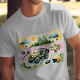 Men's Graphic T-Shirt, Outdoor Adventure Jeep and Helmet Design, Casual Summer Tee, Unique Illustration, Nature Inspired