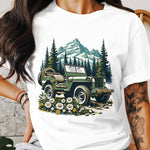 Vintage Jeep Mountain Landscape Graphic T-Shirt, Retro Outdoor Adventure Tee, Unisex White Cotton Shirt