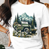 Vintage Jeep Mountain Landscape Graphic T-Shirt, Retro Outdoor Adventure Tee, Unisex White Cotton Shirt
