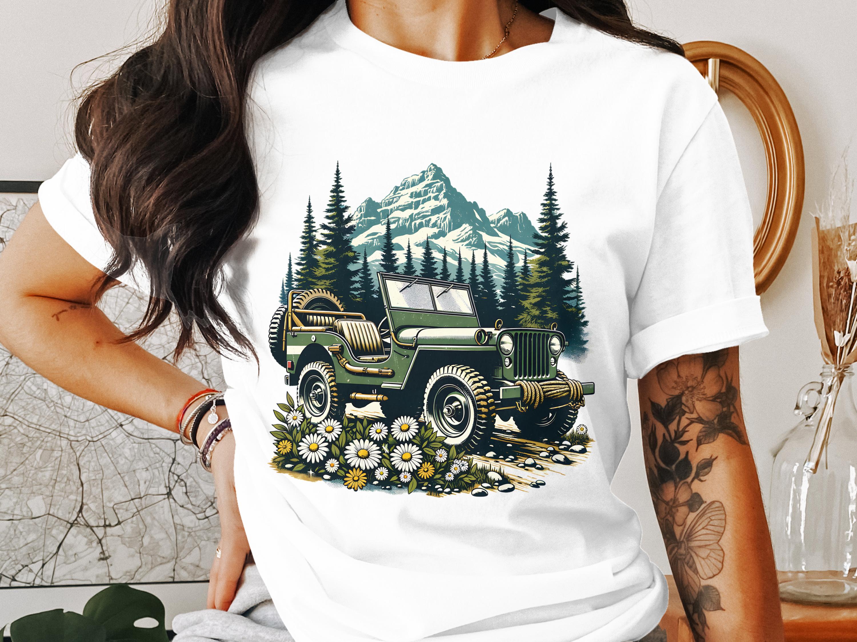 Vintage Jeep Mountain Landscape Graphic T-Shirt, Retro Outdoor Adventure Tee, Unisex White Cotton Shirt