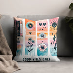 Colorful Retro Style Throw Pillow Cover, Good Vibes Only, Vintage Cassette, Floral Design, Home Decor