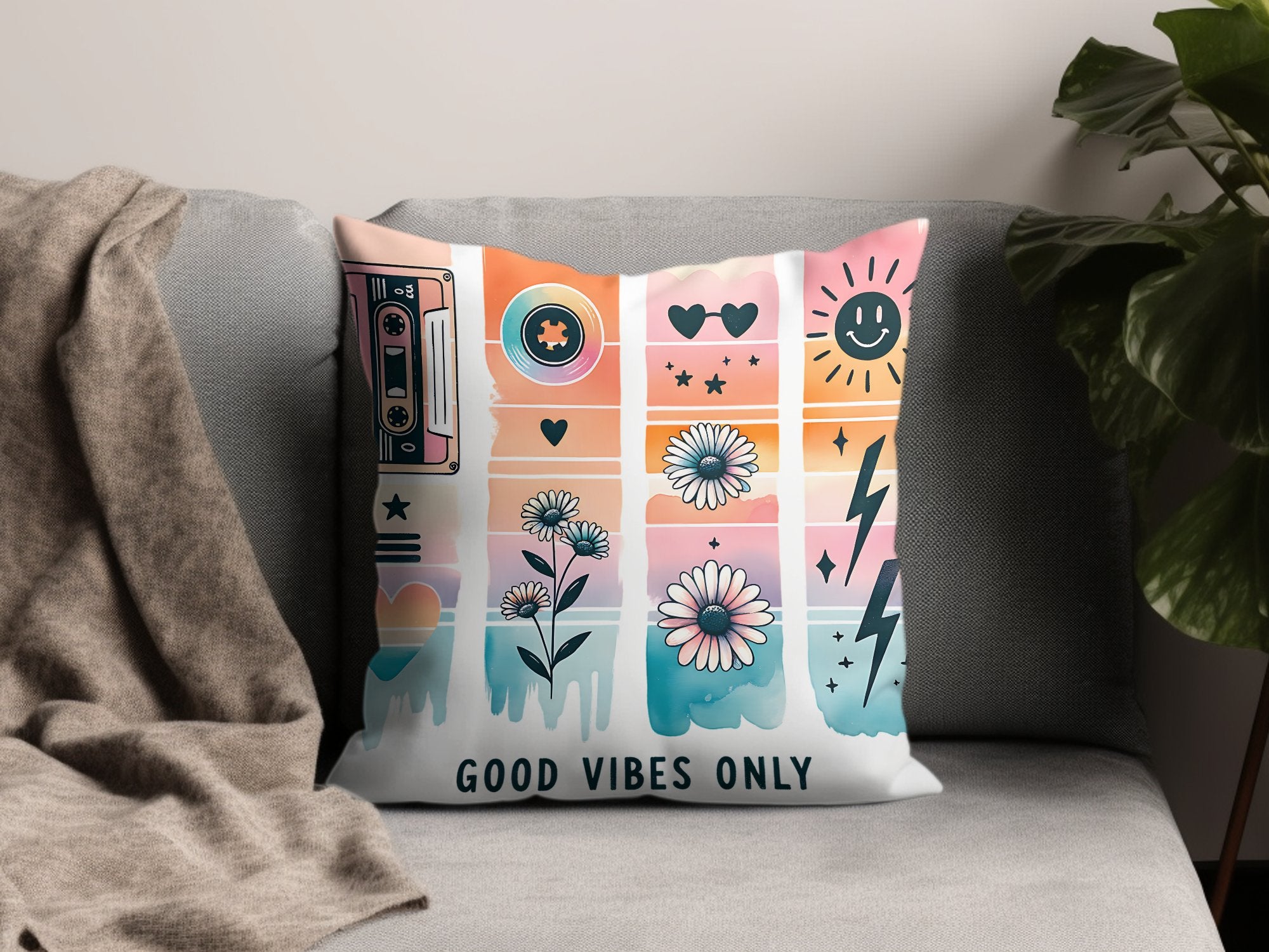 Colorful Retro Style Throw Pillow Cover, Good Vibes Only, Vintage Cassette, Floral Design, Home Decor