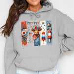 Women's Grey Hoodie with Patriotic Bear and Floral Design, Stars and Stripes, Casual Wear
