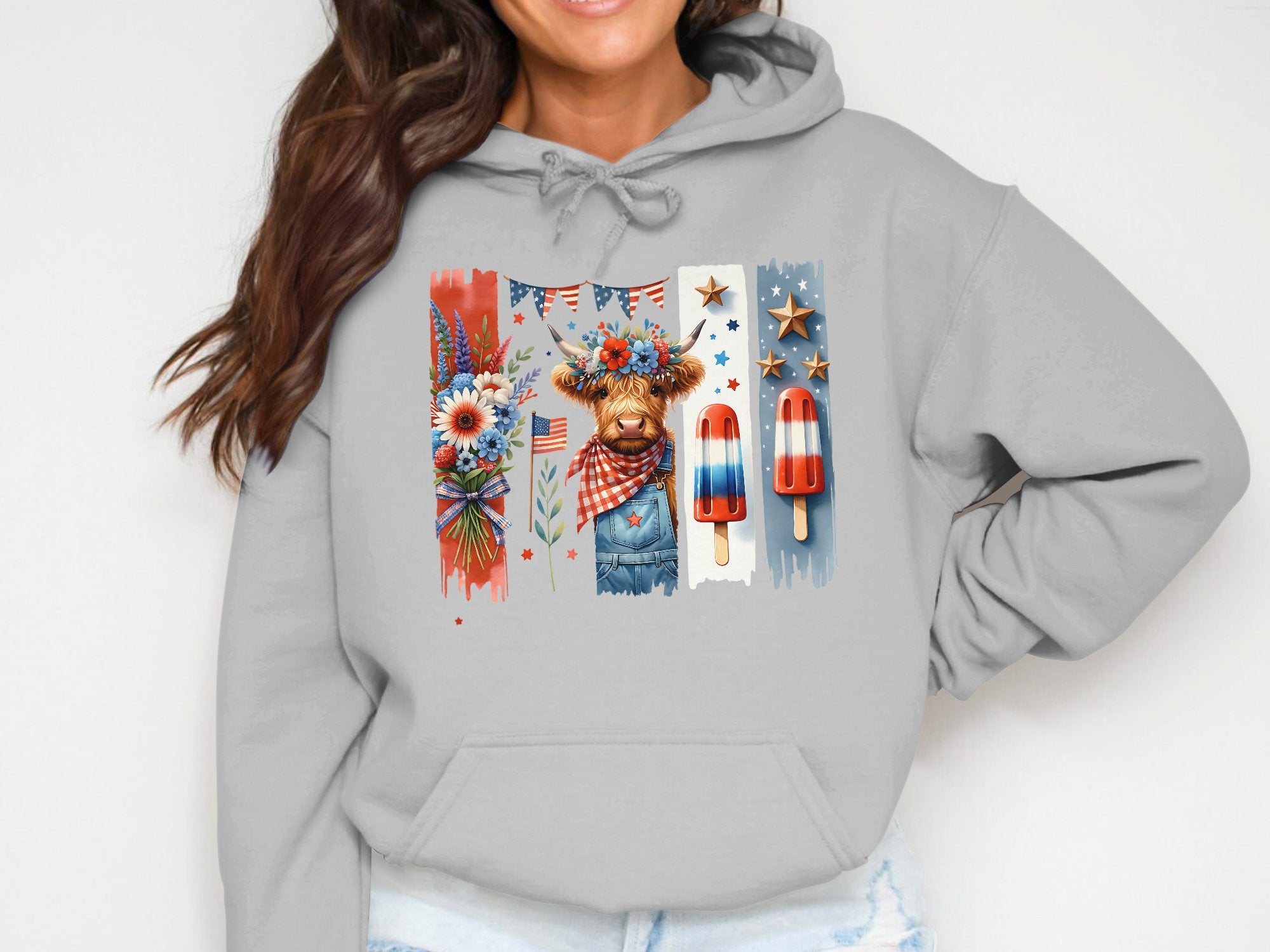 Women's Grey Hoodie with Patriotic Bear and Floral Design, Stars and Stripes, Casual Wear
