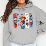 Women's Grey Hoodie with Patriotic Bear and Floral Design, Stars and Stripes, Casual Wear
