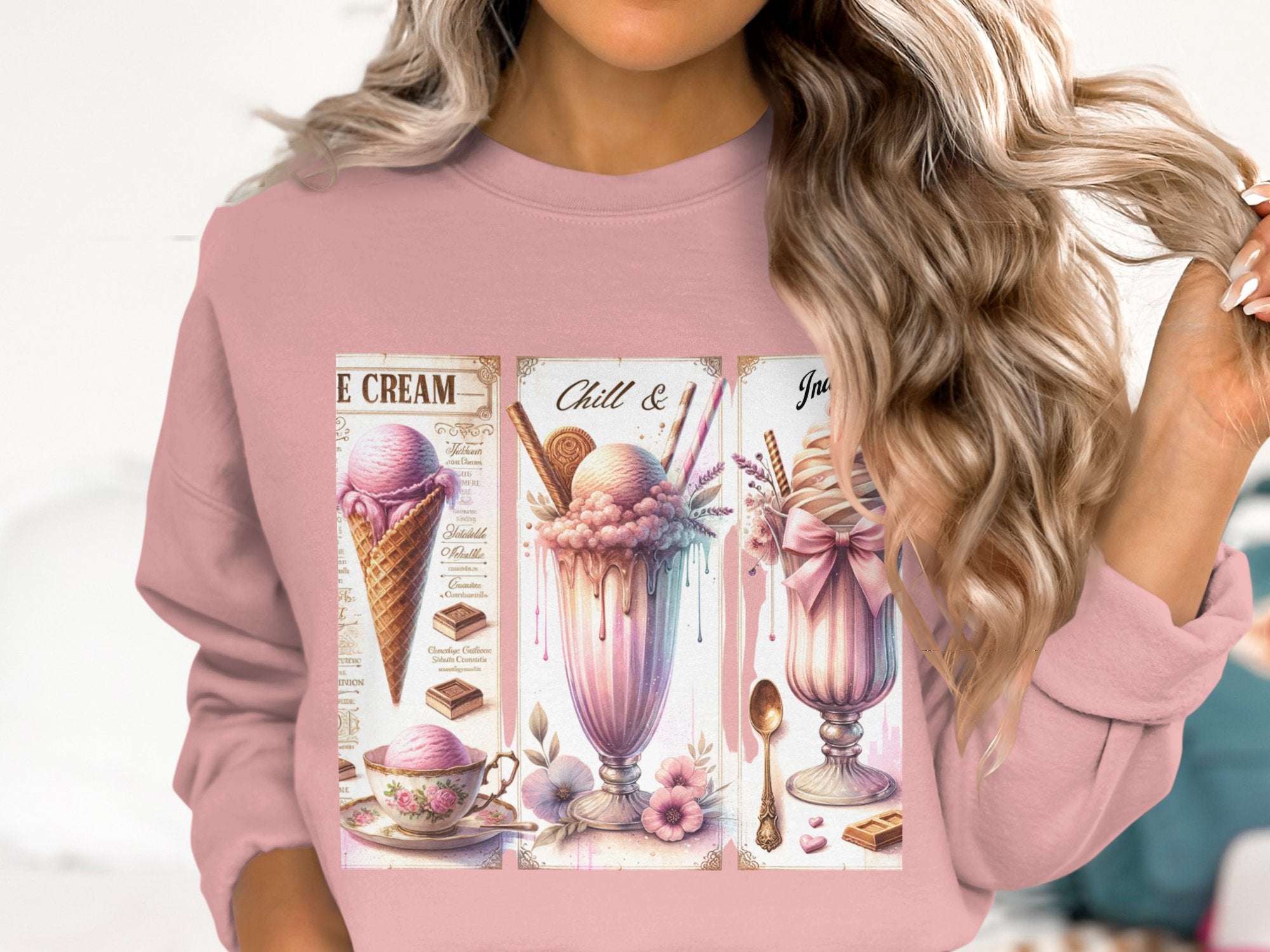 Women's Pink Sweater Vintage Ice Cream Print, Cozy Aesthetic Pullover, Fashionable Casual Wear, Unique Graphic Sweatshirt