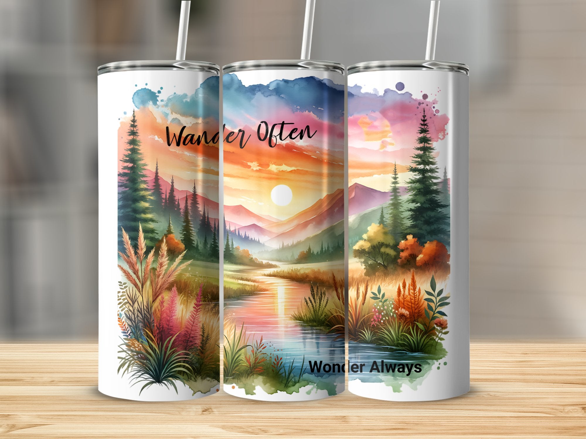 Wander Often Wonder Always Tumblers, Nature Scenery Stainless Steel Cups, Insulated Travel Mugs, Gift Idea