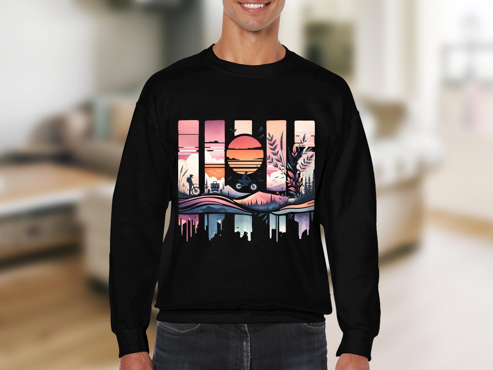 Retro Sunset Love Graphic Sweatshirt, Unisex Long Sleeve Black Pullover, Vintage Inspired Casual Top