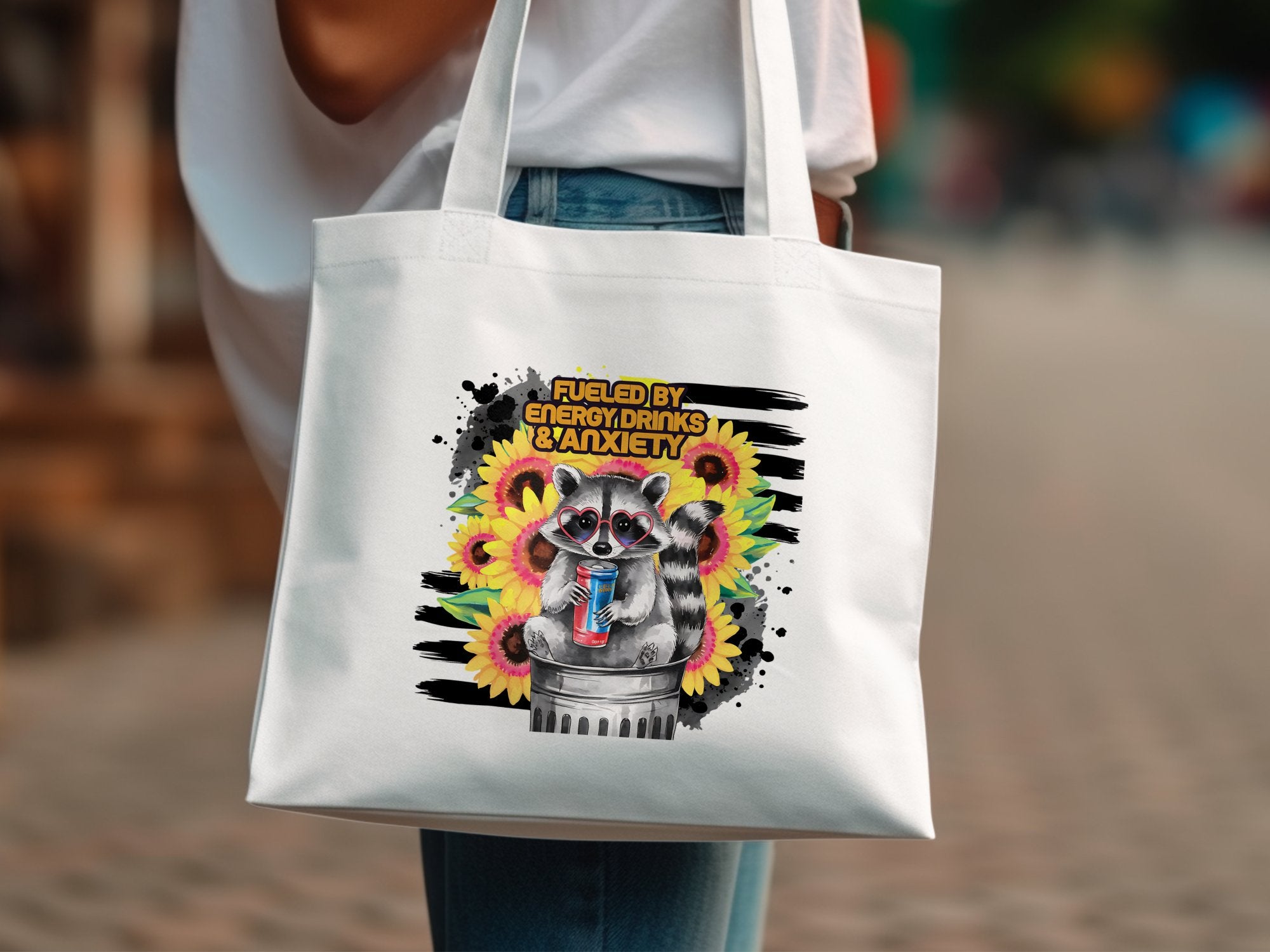 Cute Raccoon Energy Drink Graphic Tote Bag, Colorful Artistic Urban Style Bag, Eco-Friendly Reusable Canvas Tote