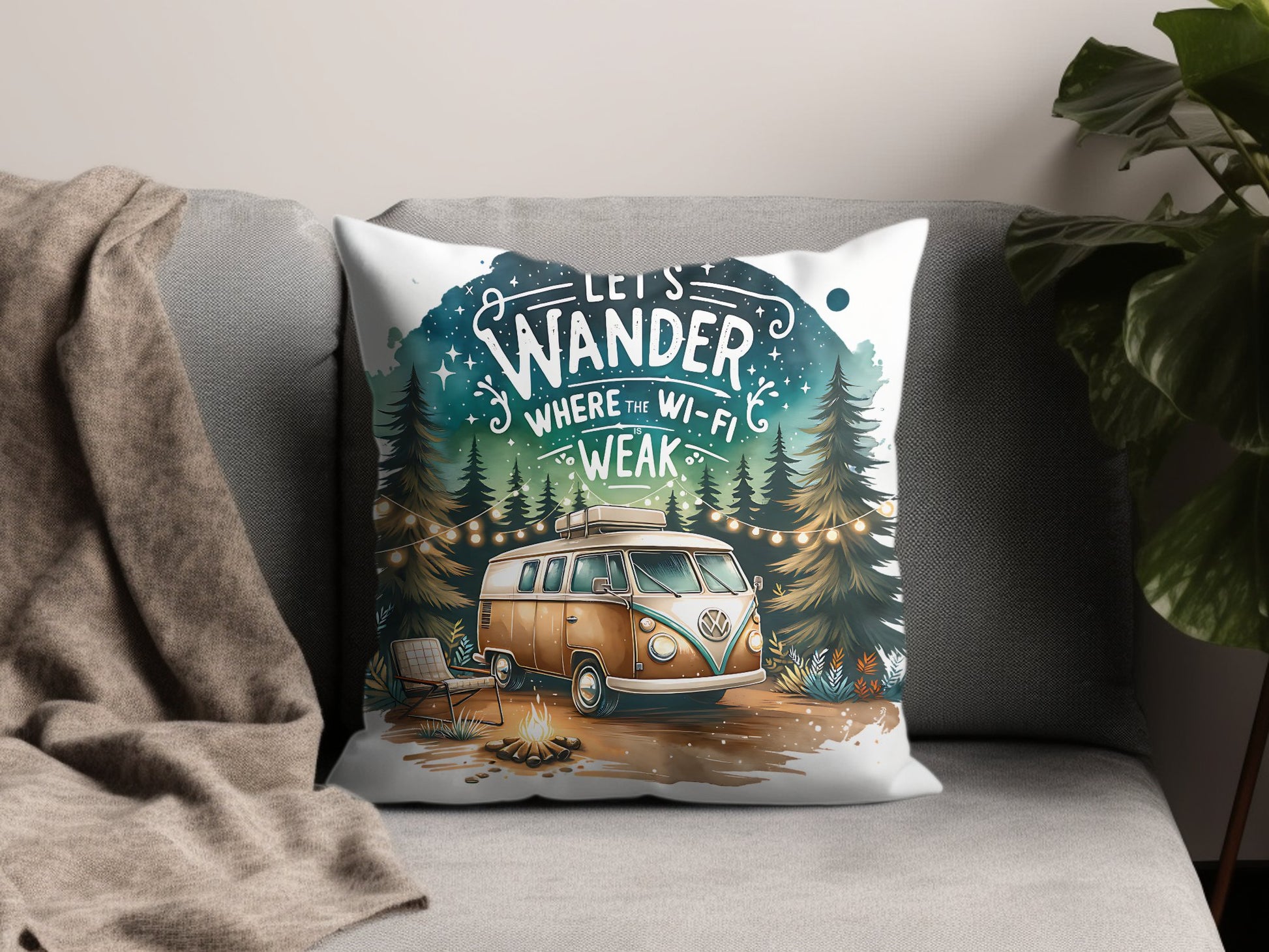 Decorative Throw Pillow, Let's Wander Quote, Vintage Van, Camping Design, Forest Adventure, Cozy Home Decor