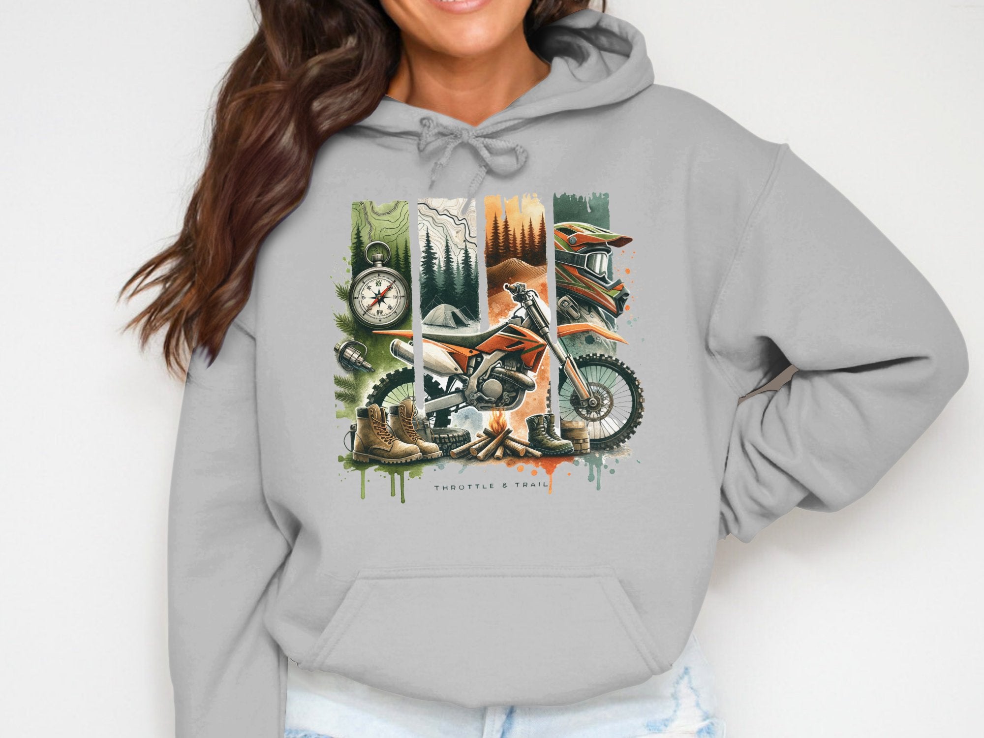 Vintage Motorcycle Adventure Hoodie, Unisex Grey Sweatshirt, Outdoor Wilderness Graphic Pullover