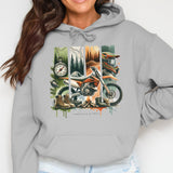 Vintage Motorcycle Adventure Hoodie, Unisex Grey Sweatshirt, Outdoor Wilderness Graphic Pullover