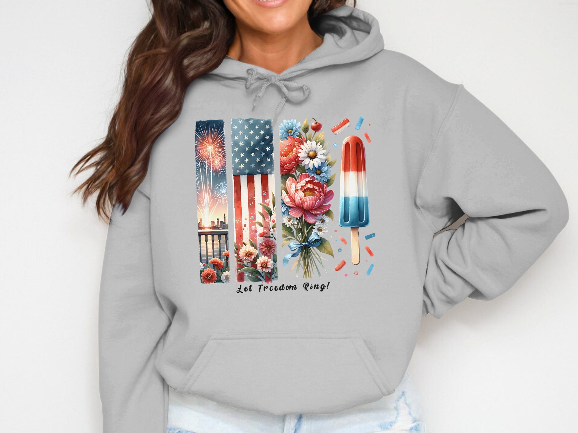 Let Freedom Ring Sweatshirt, Patriotic Hoodie, Floral American Flag, Fireworks Graphic Pullover, Independence Day Apparel