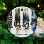 Outdoor Adventure Themed Christmas Ornament, Pine Trees and Campfire Design, Holiday Tree Decoration