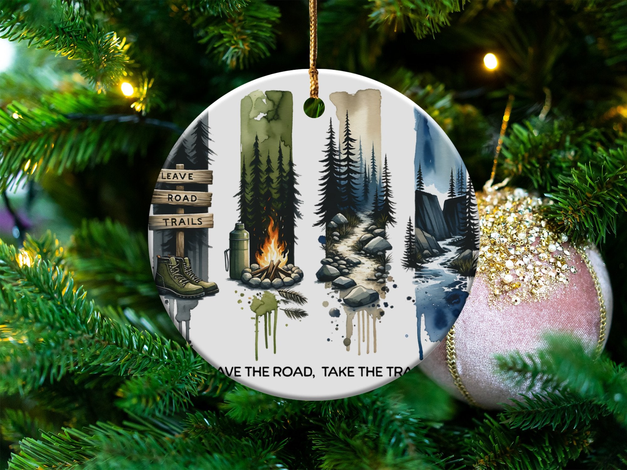 Outdoor Adventure Themed Christmas Ornament, Pine Trees and Campfire Design, Holiday Tree Decoration
