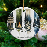 Outdoor Adventure Themed Christmas Ornament, Pine Trees and Campfire Design, Holiday Tree Decoration