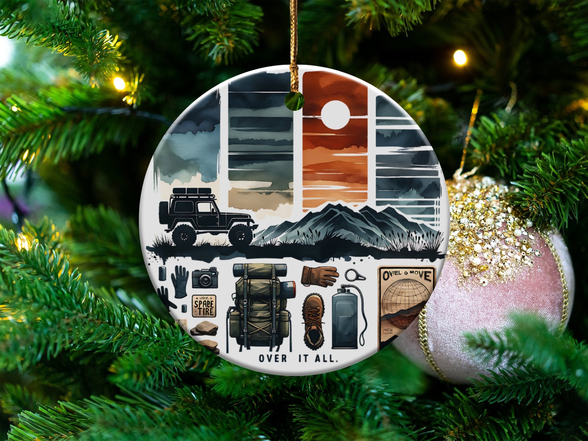 Adventure Theme Ceramic Ornament, Off-Road Jeep Sunset Design, Christmas Tree Decoration, Gift for Travelers and Outdoor Enthusiasts