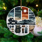 Adventure Theme Ceramic Ornament, Off-Road Jeep Sunset Design, Christmas Tree Decoration, Gift for Travelers and Outdoor Enthusiasts