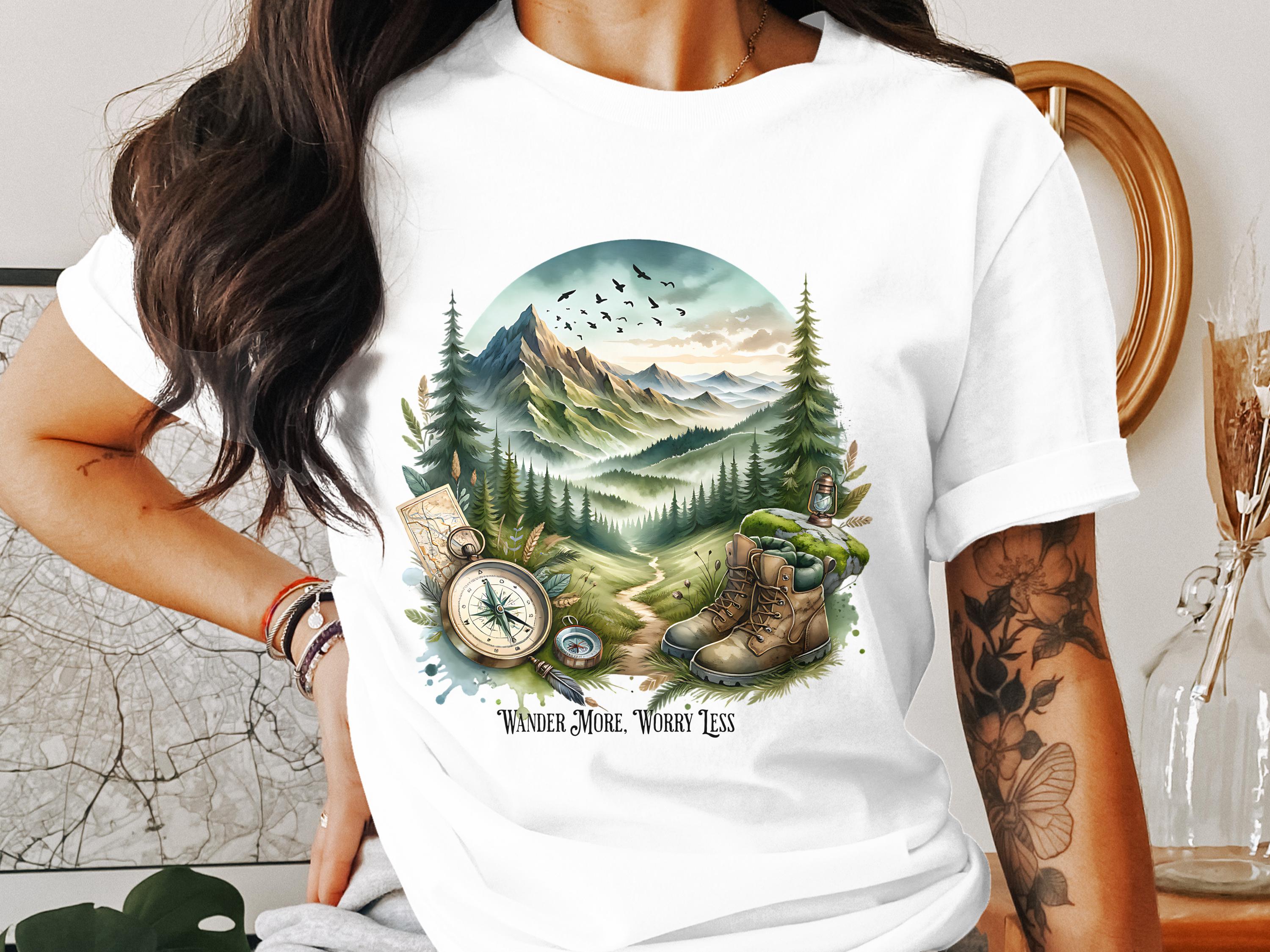 Outdoor Adventure Graphic T-Shirt, Nature Scenery Print, Wander More Worry Less, Hiking Tee, Unisex Clothing
