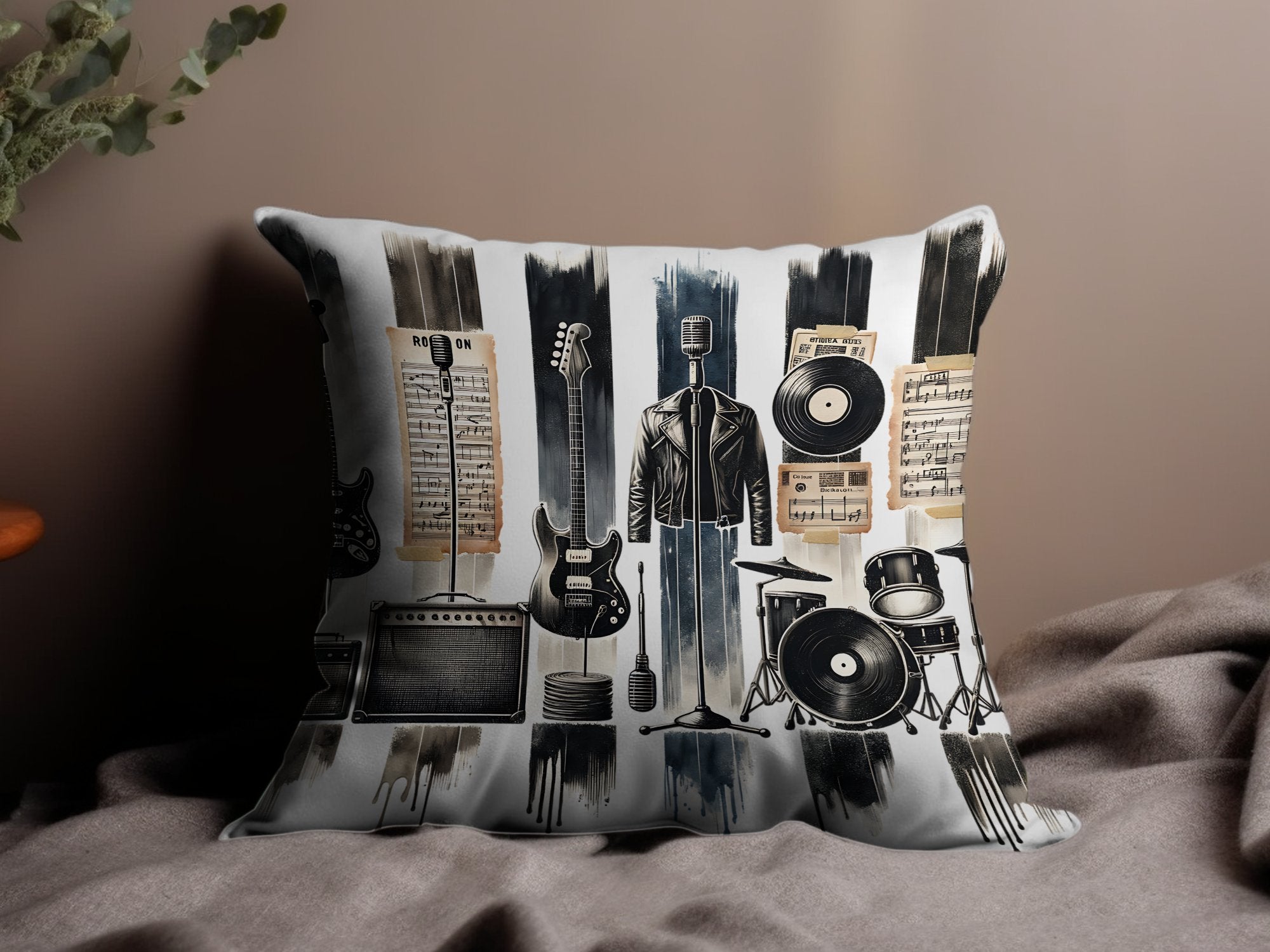 Vintage Music Themed Throw Pillow Cover, Retro Guitar Drum Vinyl Record Design, Decorative Cushion for Home Decor