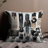 Vintage Music Themed Throw Pillow Cover, Retro Guitar Drum Vinyl Record Design, Decorative Cushion for Home Decor