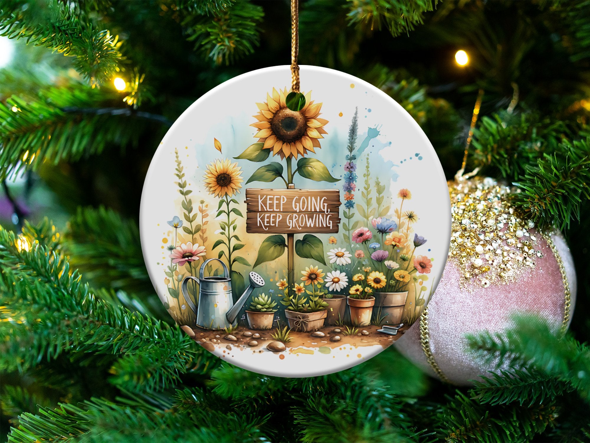 Inspirational Sunflower Ceramic Christmas Ornament, Floral Tree Decoration with Motivational Quote, Festive Holiday Decor