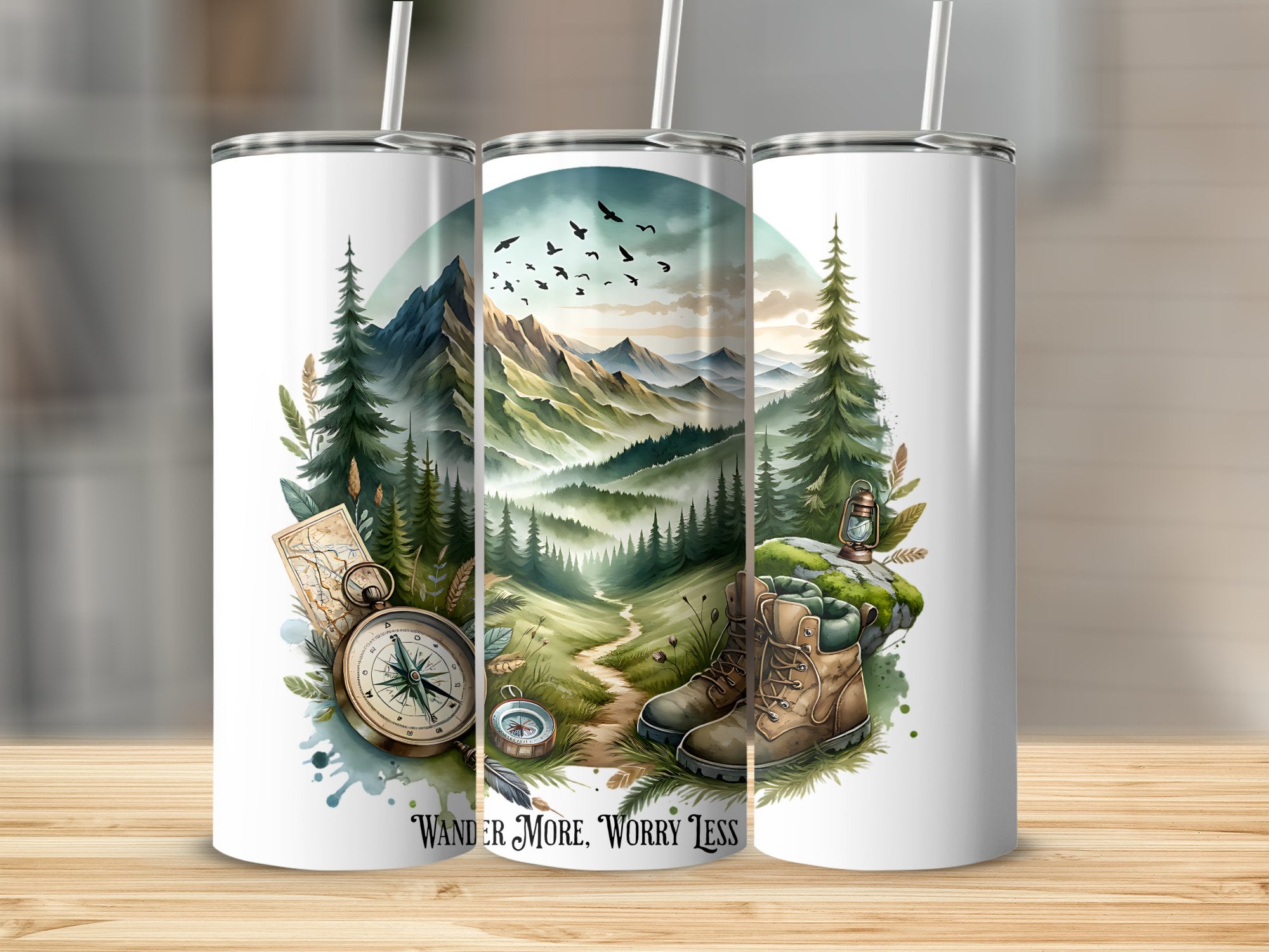 Adventure Hiking Travel Tumbler, Stainless Steel Insulated Cup, Mountain and Forest Illustration, Unique Gift for Outdoorsy People