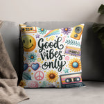 Colorful Good Vibes Only Throw Pillow Cover, Decorative Cushion with Retro Design, Smiley Face and Floral Motifs for Home Decor