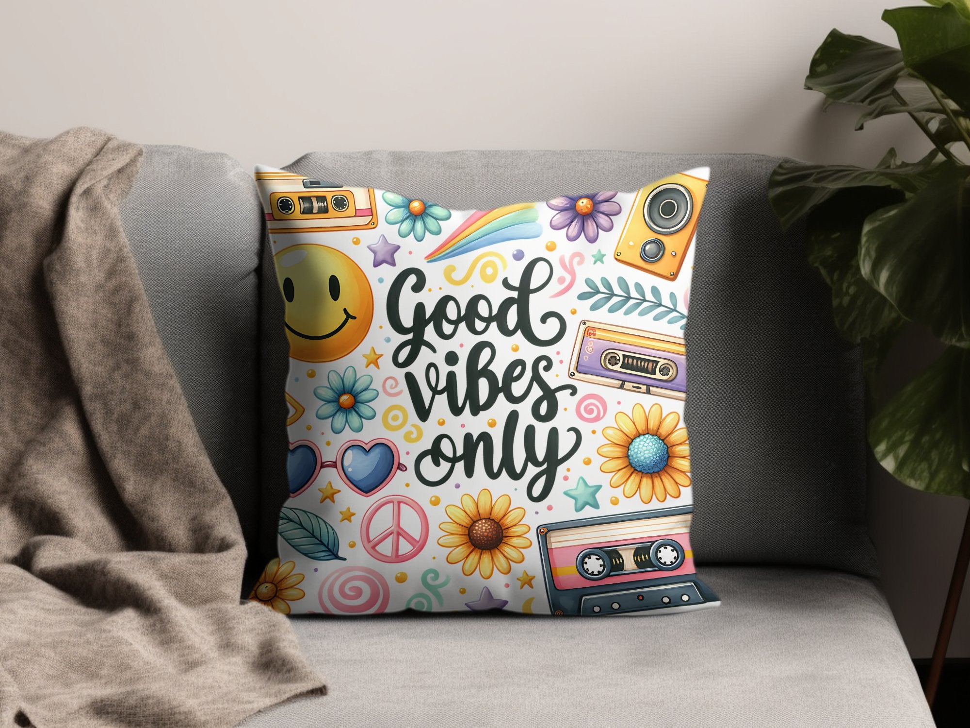Colorful Good Vibes Only Throw Pillow Cover, Decorative Cushion with Retro Design, Smiley Face and Floral Motifs for Home Decor