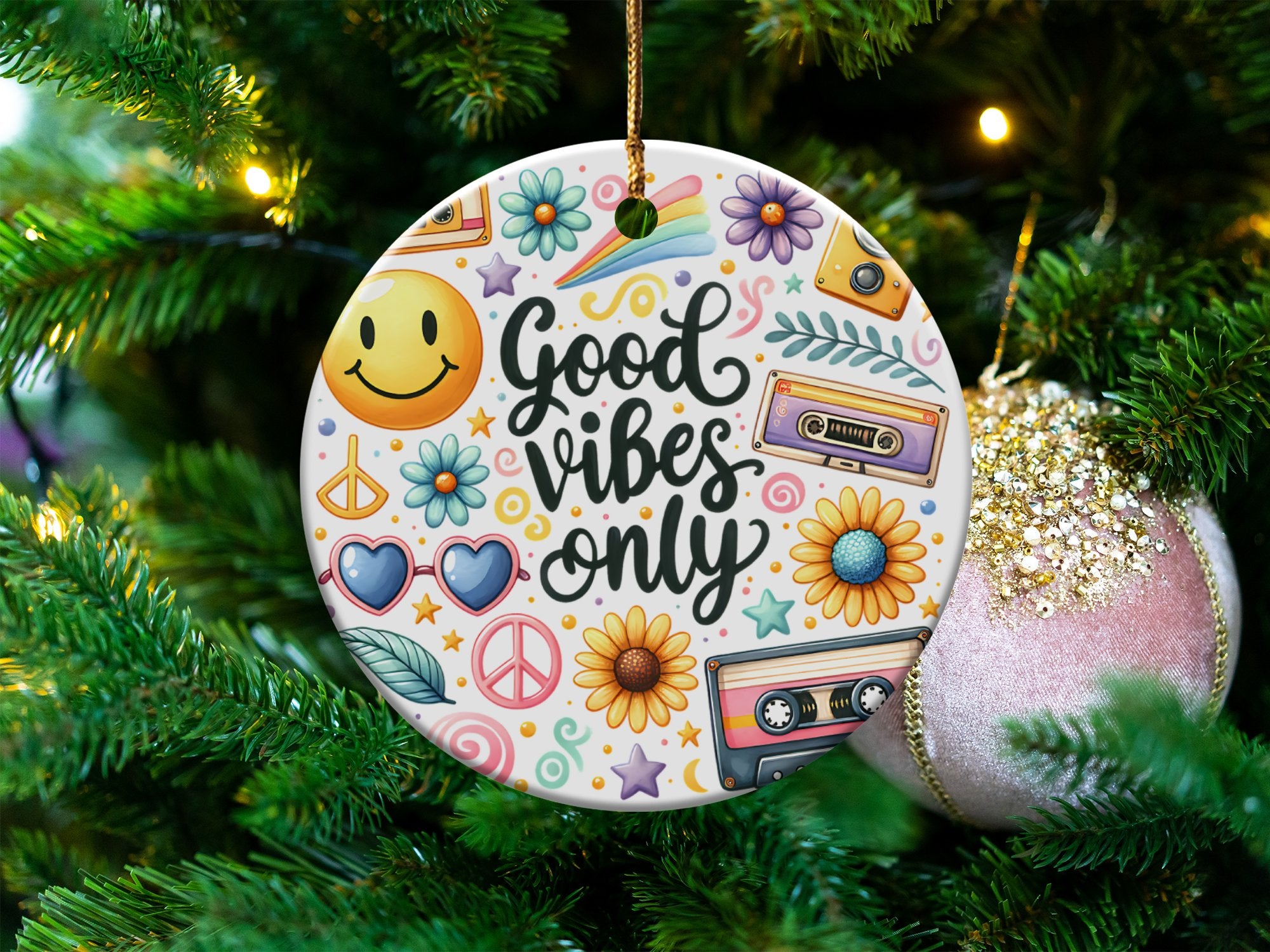 Good Vibes Only Christmas Ornament, Positive Message Holiday Decor, Colorful Floral and Smile Design, Festive Tree Decoration