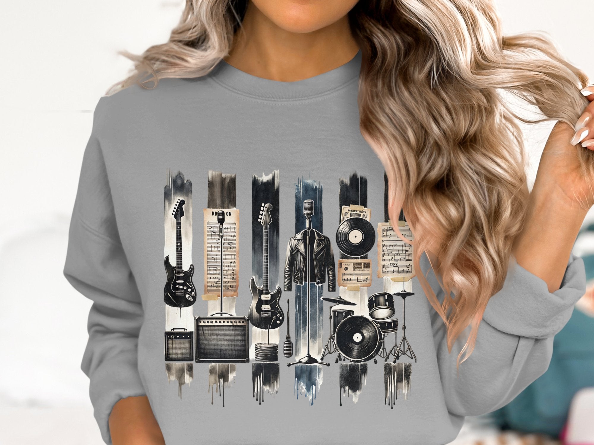 Vintage Music Equipment Sweatshirt, Graphic Tee, Retro Guitars, Vinyl Records, Audio Mixer, Urban Style Clothing