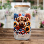 Colorful Highland Cow Glass Jar, Patriotic Floral Design, Wooden Lid, Unique Kitchen Storage, Decorative Container, Rustic Home Decor