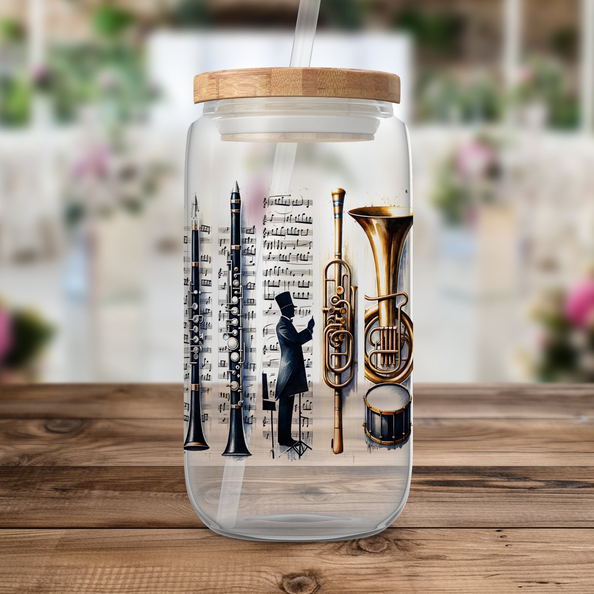 Decorative Glass Water Bottle with Music and City Skyline Illustration, Unique Gift Idea