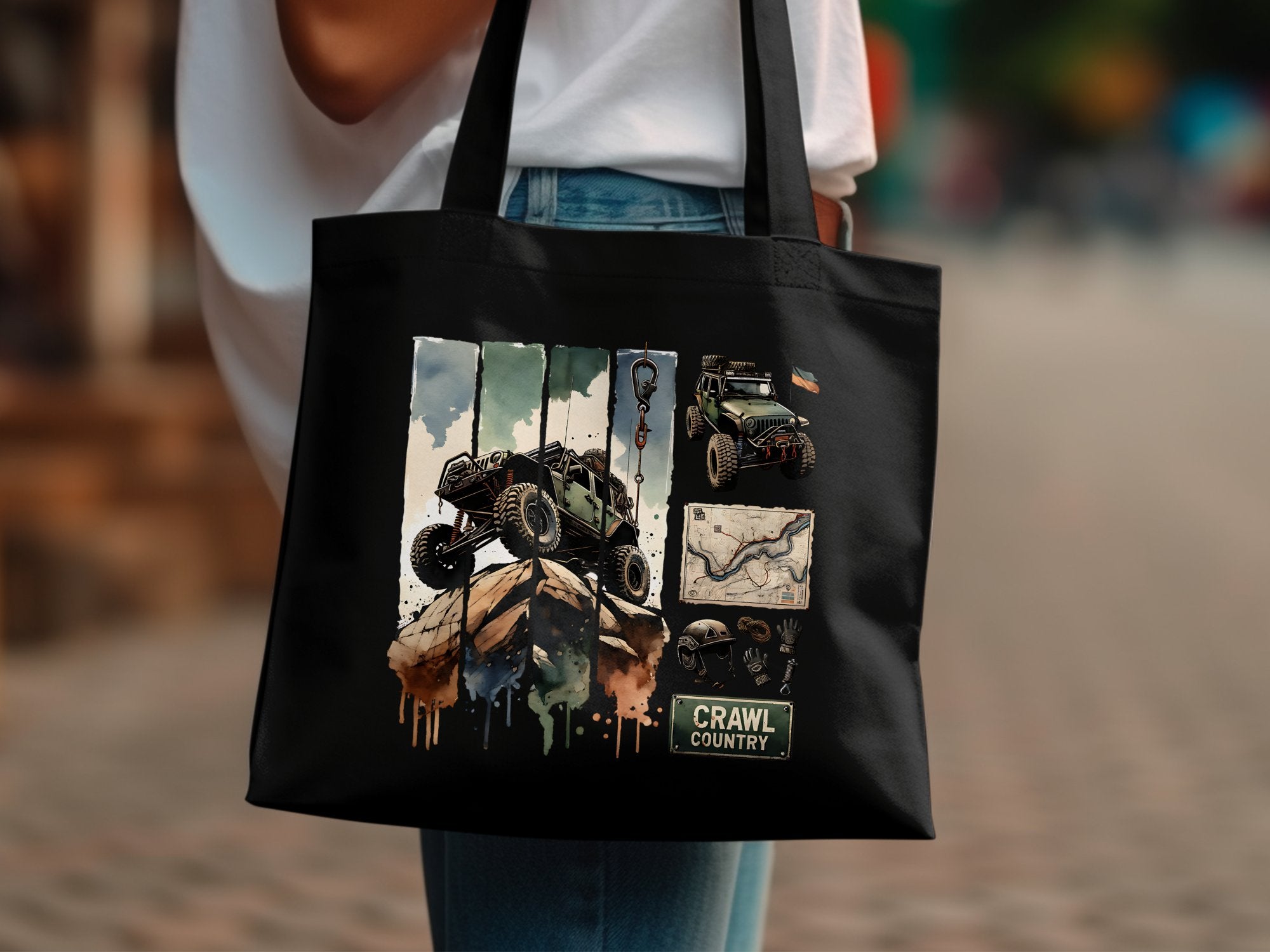 Off-Road Adventure Tote Bag, Durable Canvas, Jeep and Map Print, Urban Style, Large Shoulder Bag