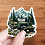 Vintage Jeep Mountain Landscape Sticker, Adventurous Outdoor Scenery Decal, Waterproof Vinyl, Travel Inspired Art, Laptop and Car Decoration