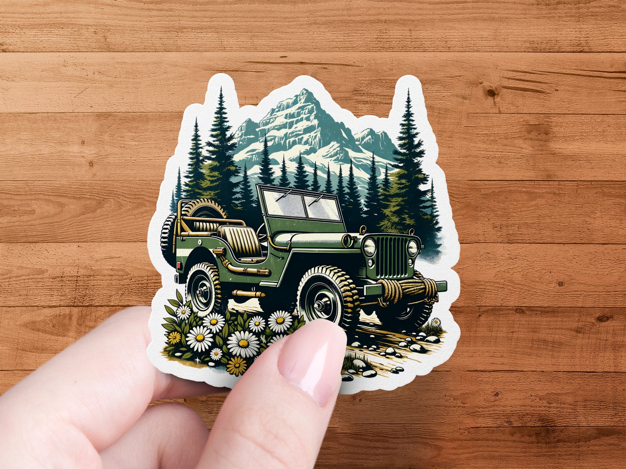 Vintage Jeep Mountain Landscape Sticker, Adventurous Outdoor Scenery Decal, Waterproof Vinyl, Travel Inspired Art, Laptop and Car Decoration