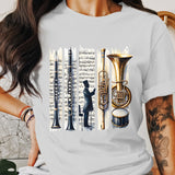 Classic White T-Shirt with Musical Instruments Print, Unisex Graphic Tee, Band Orchestra Design