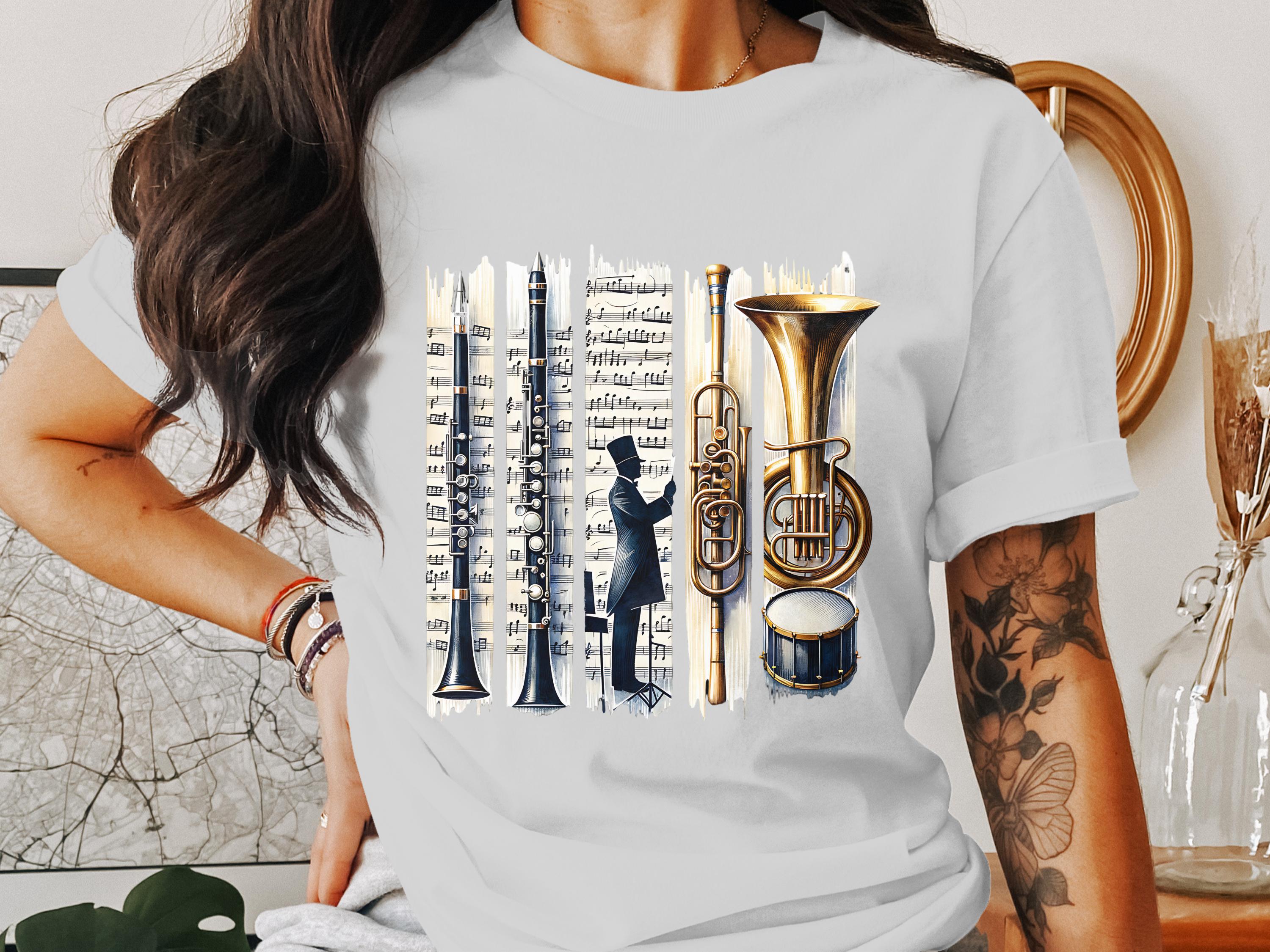 Classic White T-Shirt with Musical Instruments Print, Unisex Graphic Tee, Band Orchestra Design